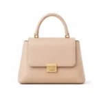 Beige structured leather handbag with a top handle, front flap, and gold clasp closure